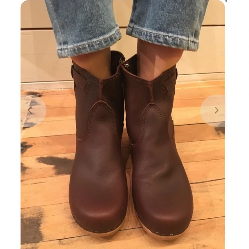 No 6 clog ankle boots size 8 / 38 brown Moto Leather Wood Heel Buckle Swedish - Picture 3 of 14